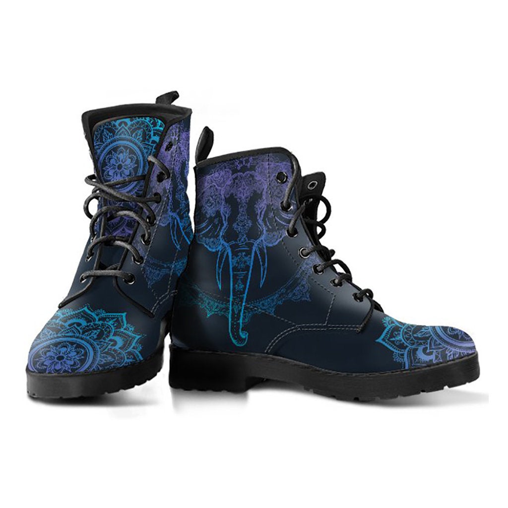 Blue Spiritual Elephant Mandala Womens Boots, Fashion Combat Boots, Vegan Leather Boots, Custom Shoes, Custom Boots, Cool Shoes