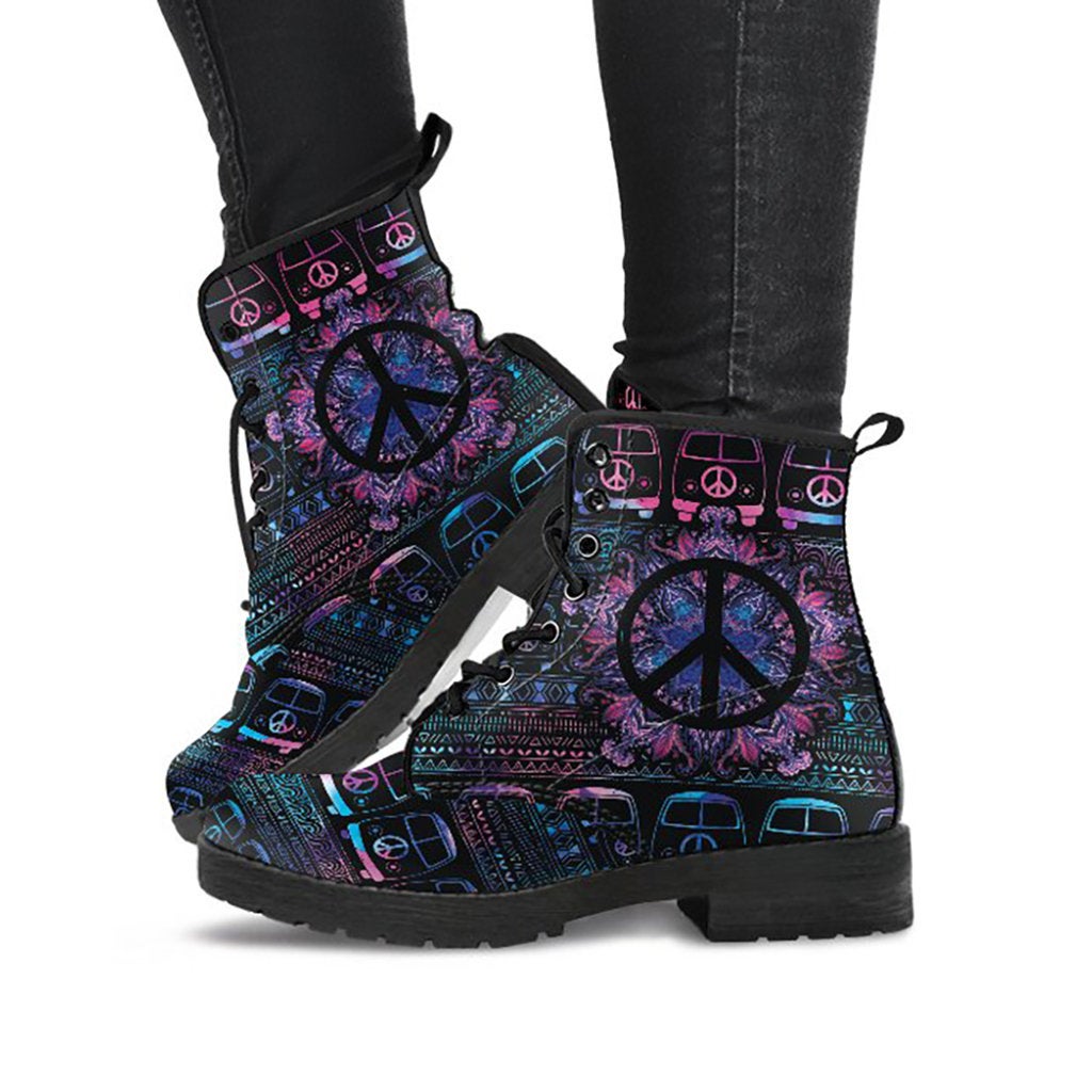 Colorful hippie van and peace sign printed boots