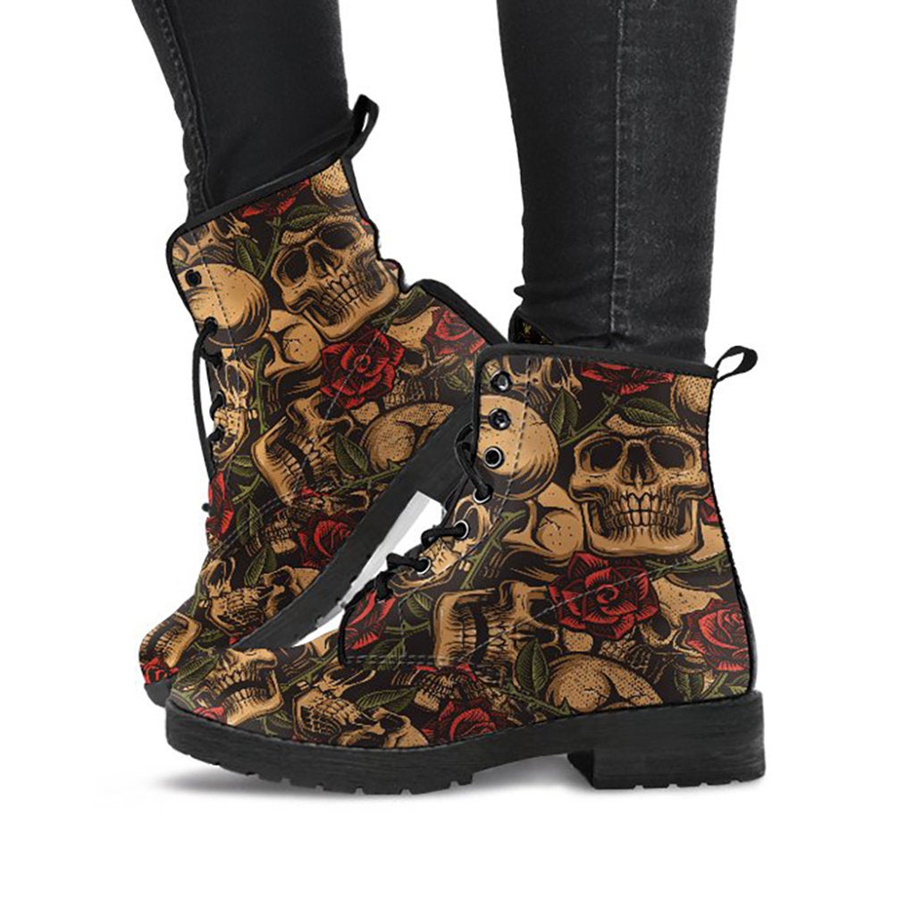 Brown Skulls Womens Boots, Fashion Combat Boots, Vegan Leather Boots, Custom Shoes, Custom Boots, Cool Shoes