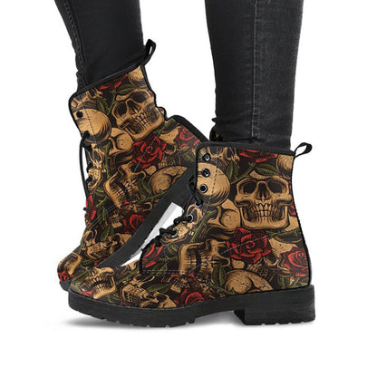 Brown Skulls Womens Boots, Fashion Combat Boots, Vegan Leather Boots, Custom Shoes, Custom Boots, Cool Shoes