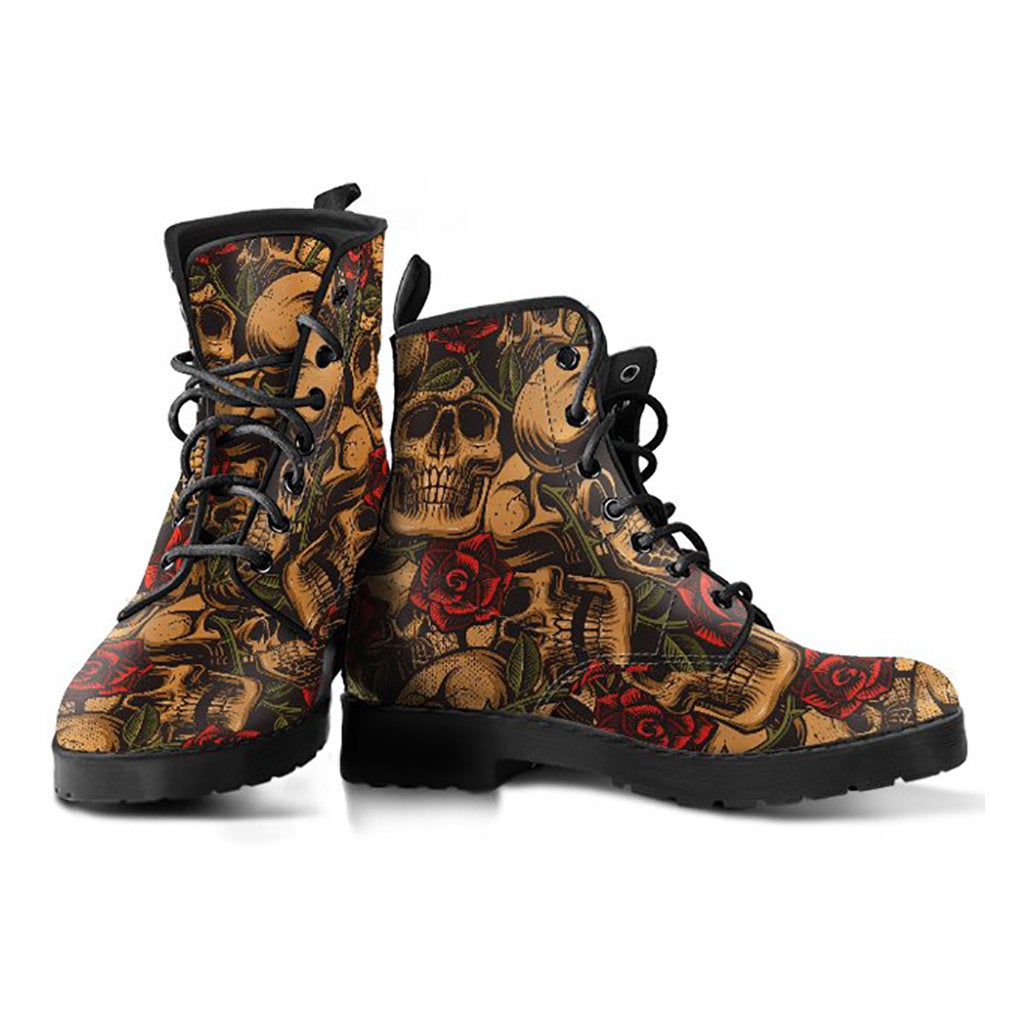 Brown Skulls Womens Boots, Fashion Combat Boots, Vegan Leather Boots, Custom Shoes, Custom Boots, Cool Shoes