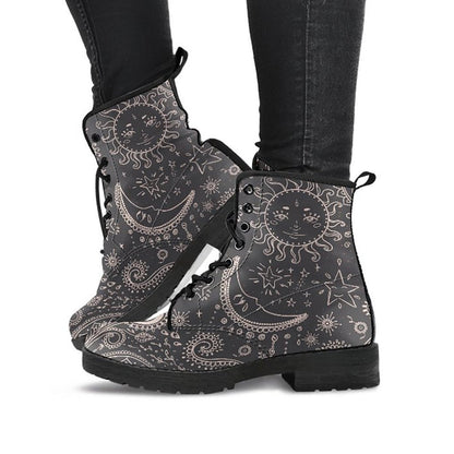 Brown Sun & Moon Womens Boots, Fashion Combat Boots, Vegan Leather Boots, Custom Shoes, Custom Boots, Cool Shoes