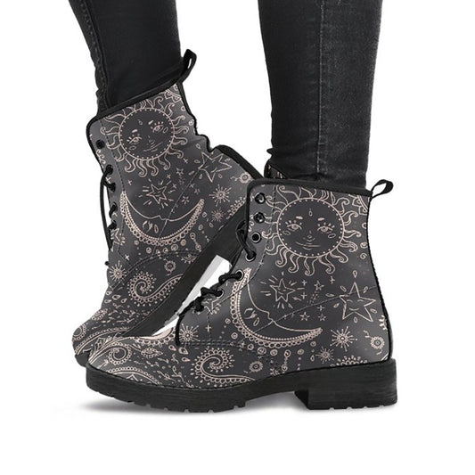 Brown Sun & Moon Womens Boots, Fashion Combat Boots, Vegan Leather Boots, Custom Shoes, Custom Boots, Cool Shoes