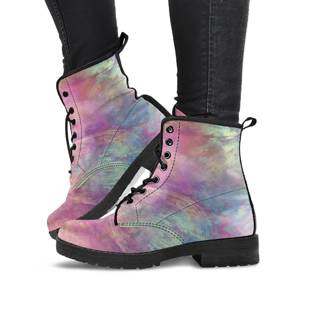Colorful Pastel Abstract Womens Boots, Fashion Combat Boots, Vegan Leather Boots, Custom Shoes, Custom Boots, Cool Shoes