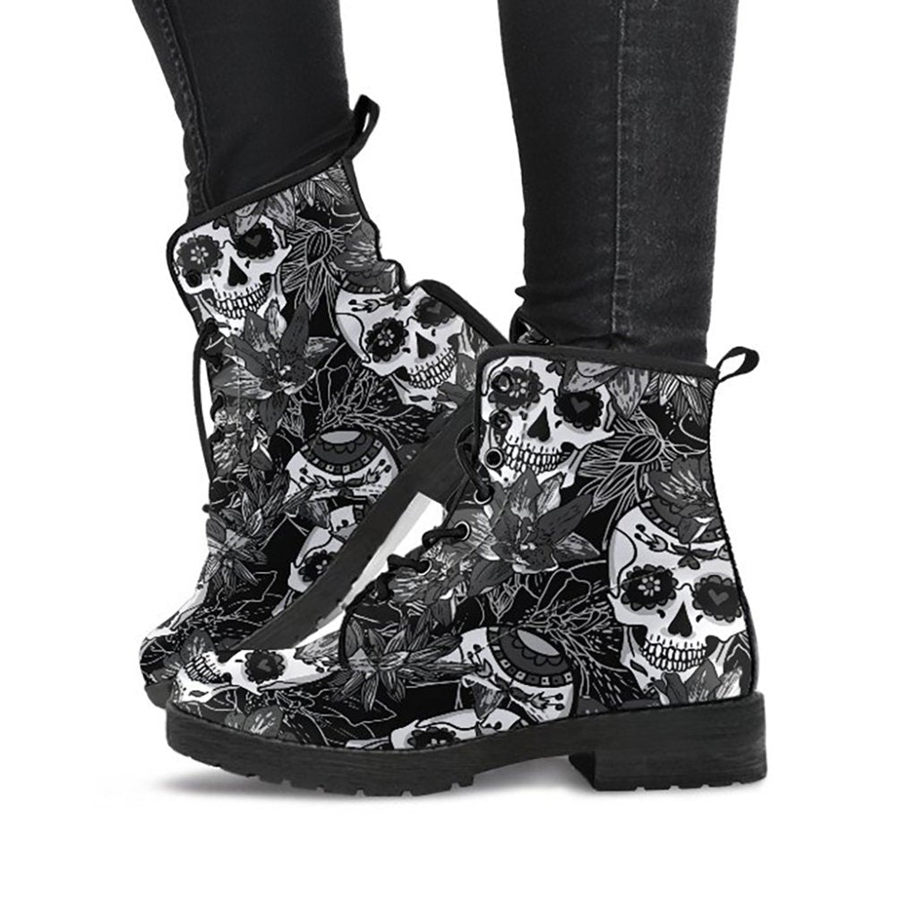 Black & White Skulls Womens Boots Fashion Combat Boots, Vegan Leather Boots, Custom Shoes, Custom Boots, Cool Shoes