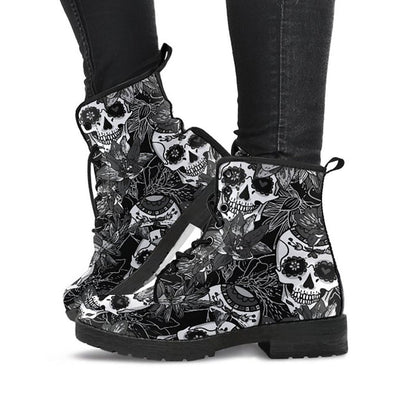Black & White Skulls Womens Boots Fashion Combat Boots, Vegan Leather Boots, Custom Shoes, Custom Boots, Cool Shoes