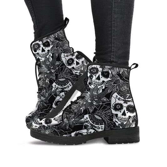 Black & White Skulls Womens Boots Fashion Combat Boots, Vegan Leather Boots, Custom Shoes, Custom Boots, Cool Shoes
