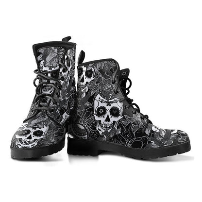 Black & White Skulls Womens Boots Fashion Combat Boots, Vegan Leather Boots, Custom Shoes, Custom Boots, Cool Shoes