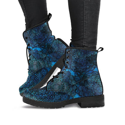 Blue Mandalas Womens Boots, Fashion Combat Boots, Vegan Leather Boots, Custom Shoes, Custom Boots, Cool Shoes