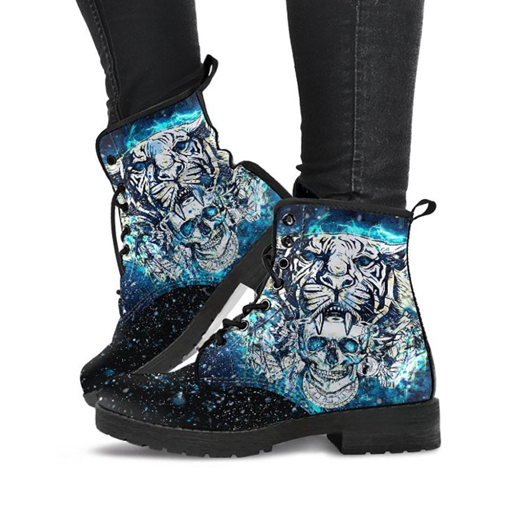 White tiger and skull warrior women’s printed boots – product image 1