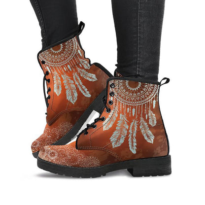 Brown Dream Catcher Mandala Womens Boots, Fashion Combat Boots, Vegan Leather Boots, Custom Shoes, Custom Boots, Cool Shoes