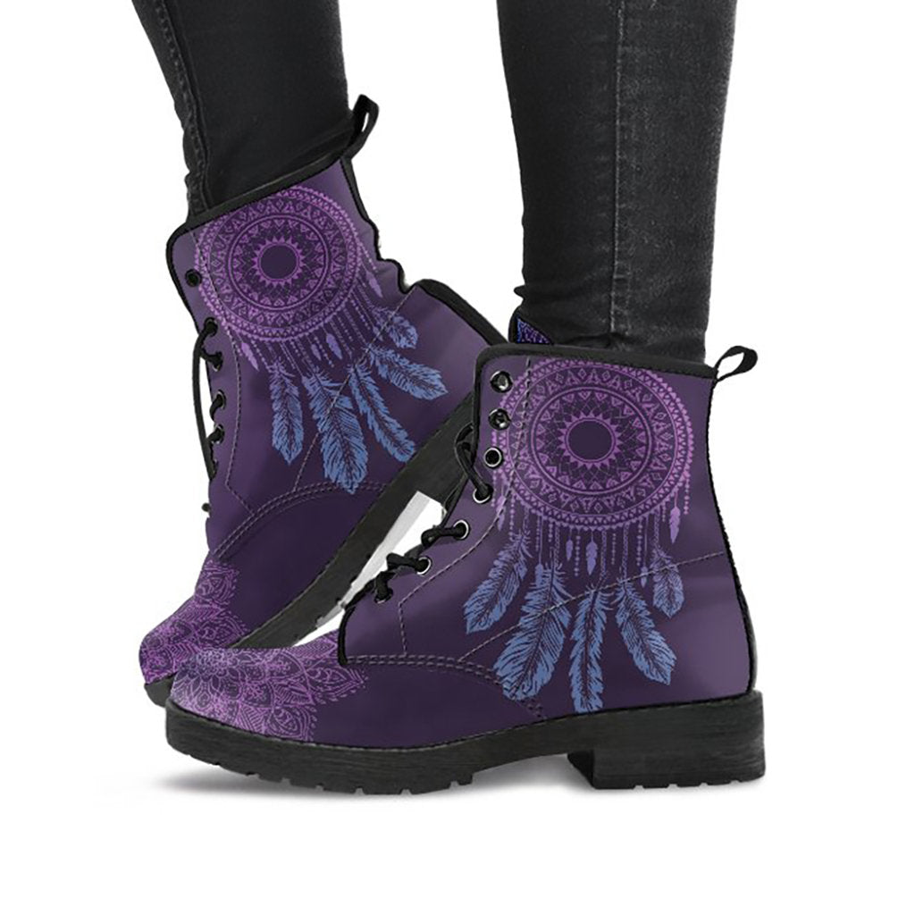 Purple printed boots with dreamcatcher mandala and blue feather artwork