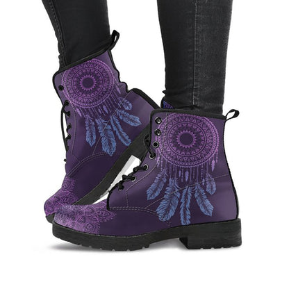 Purple printed boots with dreamcatcher mandala and blue feather artwork