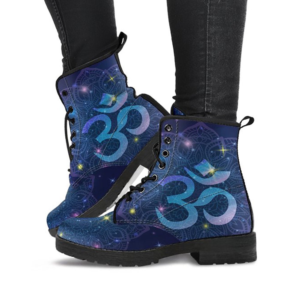 Blue printed boots with Om symbol and mandala artwork
