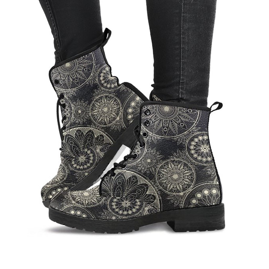 Brown Boho Mandalas Womens Boots, Fashion Combat Boots, Vegan Leather Boots, Custom Shoes, Custom Boots, Cool Shoes