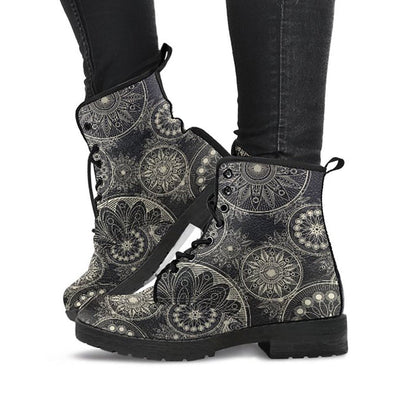 Brown Boho Mandalas Womens Boots, Fashion Combat Boots, Vegan Leather Boots, Custom Shoes, Custom Boots, Cool Shoes