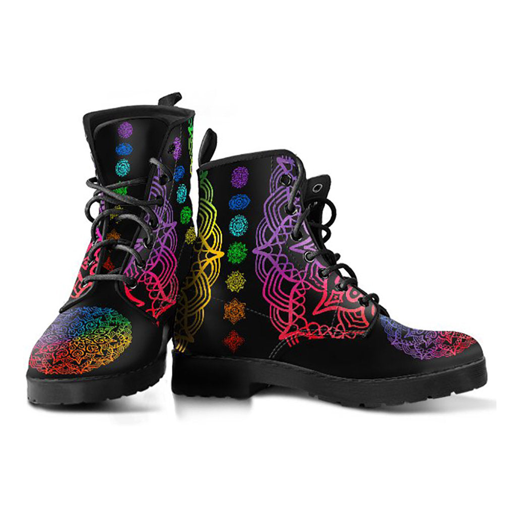 Colorful Mandalas Chakras Lotus Womens Boots, Fashion Combat Boots, Vegan Leather Boots, Custom Shoes, Custom Boots, Cool Shoes