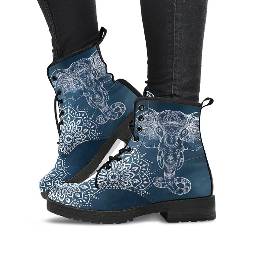 Blue Grey Elephant Mandala Womens Boots, Fashion Combat Boots, Vegan Leather Boots, Custom Shoes, Custom Boots, Cool Shoes