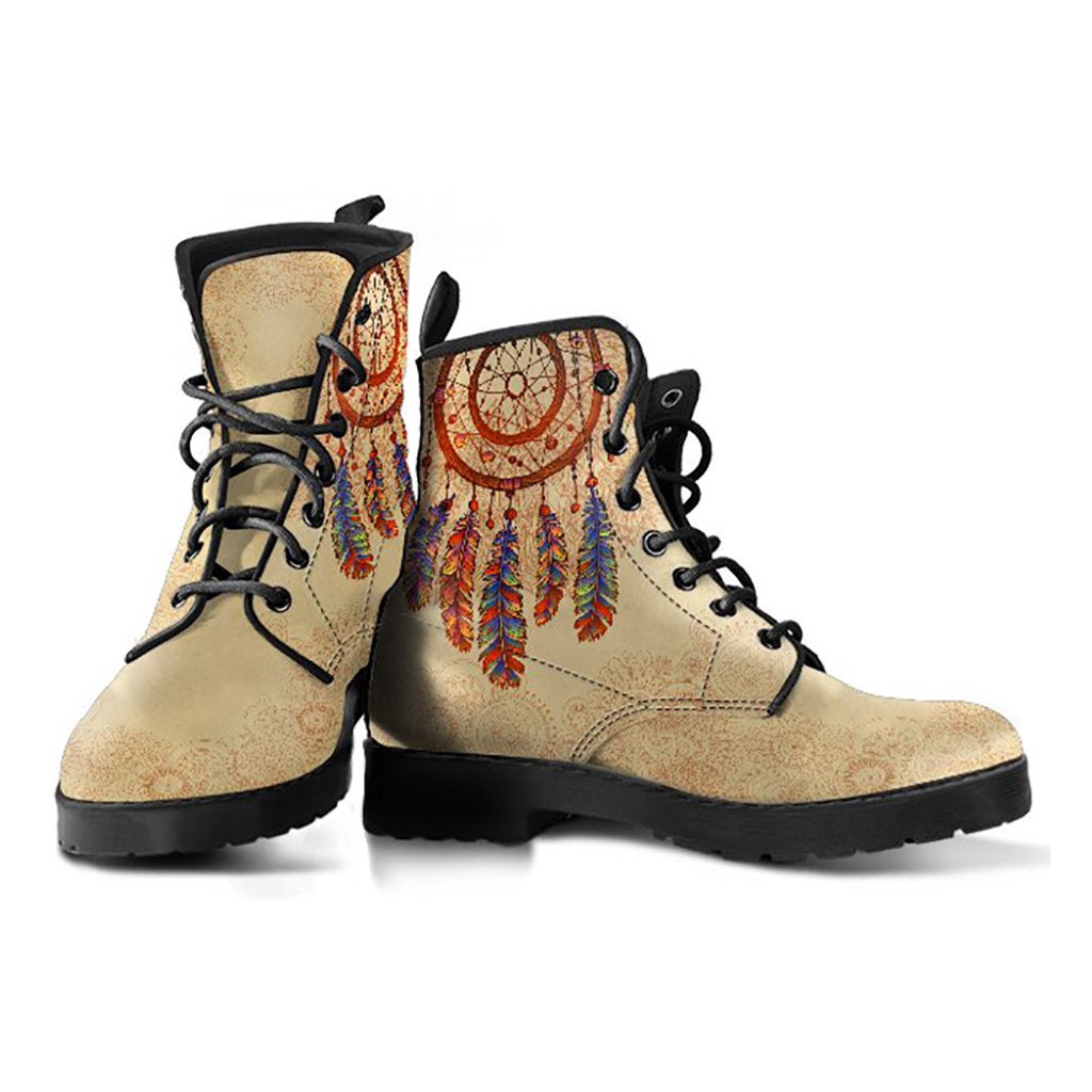 Beige Boho Dream Catcher Womens Boots Fashion Combat Boots, Vegan Leather Boots, Custom Shoes, Custom Boots, Cool Shoes