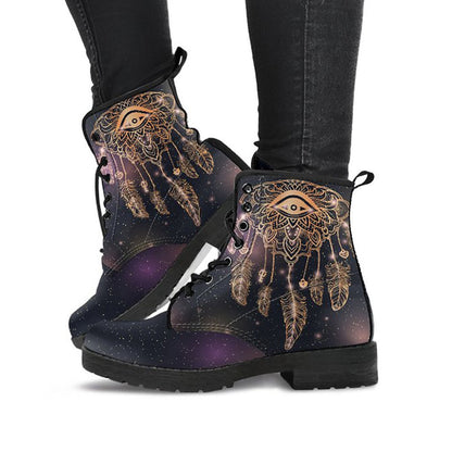 Boho Dream Catcher Eye Womens Boots, Fashion Combat Boots, Vegan Leather Boots, Custom Shoes, Custom Boots, Cool Shoes
