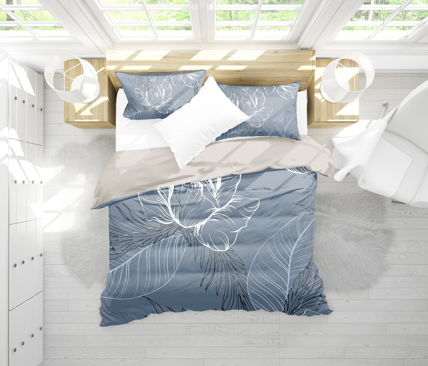 Grey Floral Outline Bedding Set