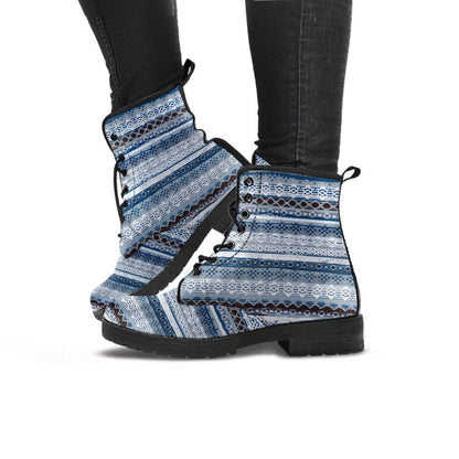 Blue & Grey Boho Stripes Womens Boots, Fashion Combat Boots, Vegan Leather Boots, Custom Shoes, Custom Boots, Cool Shoes
