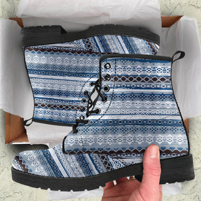 Blue & Grey Boho Stripes Womens Boots, Fashion Combat Boots, Vegan Leather Boots, Custom Shoes, Custom Boots, Cool Shoes