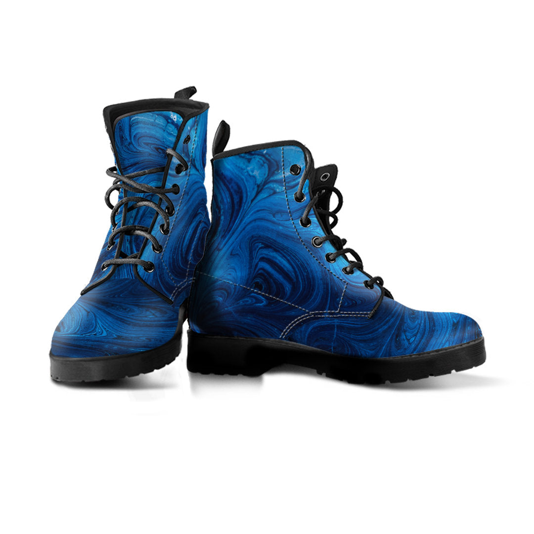 Blue Abstract Swirls Womens Boots, Fashion Combat Boots, Vegan Leather Boots, Custom Shoes, Custom Boots, Cool Shoes