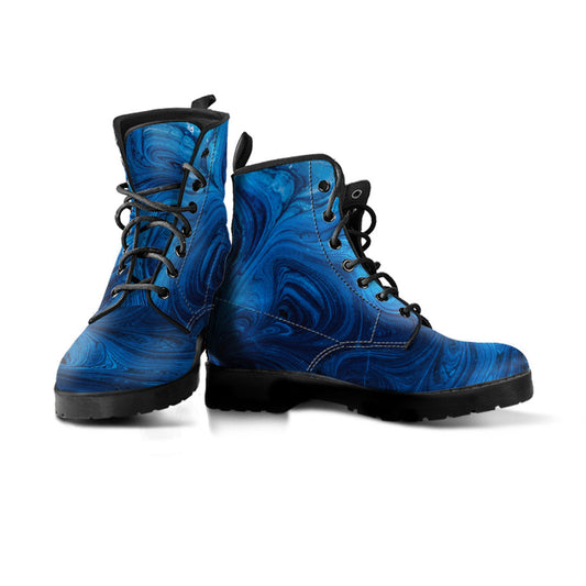 Blue Abstract Swirls Womens Boots, Fashion Combat Boots, Vegan Leather Boots, Custom Shoes, Custom Boots, Cool Shoes