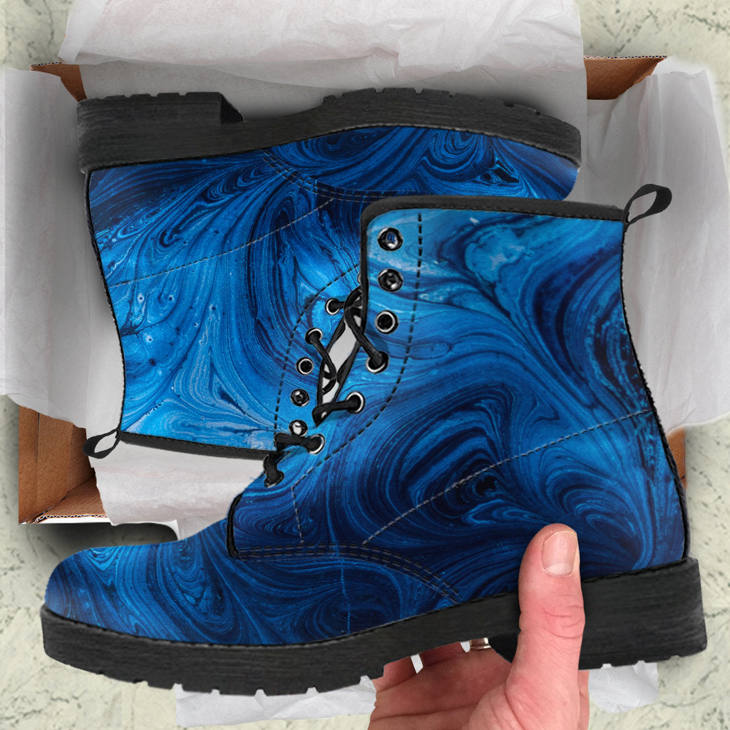 Blue Abstract Swirls Womens Boots, Fashion Combat Boots, Vegan Leather Boots, Custom Shoes, Custom Boots, Cool Shoes