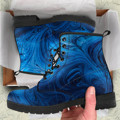 Blue Abstract Swirls Womens Boots, Fashion Combat Boots, Vegan Leather Boots, Custom Shoes, Custom Boots, Cool Shoes