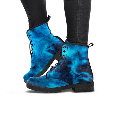 Blue Tie Dye Grunge Womens Boots, Fashion Combat Boots, Vegan Leather Boots, Custom Shoes, Custom Boots, Cool Shoes