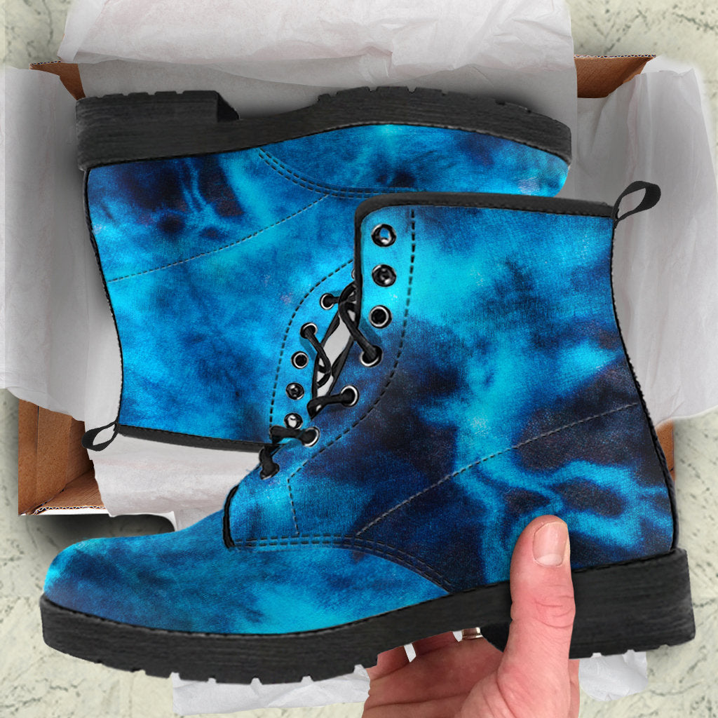 Blue Tie Dye Grunge Womens Boots, Fashion Combat Boots, Vegan Leather Boots, Custom Shoes, Custom Boots, Cool Shoes