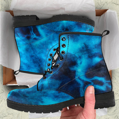 Blue Tie Dye Grunge Womens Boots, Fashion Combat Boots, Vegan Leather Boots, Custom Shoes, Custom Boots, Cool Shoes