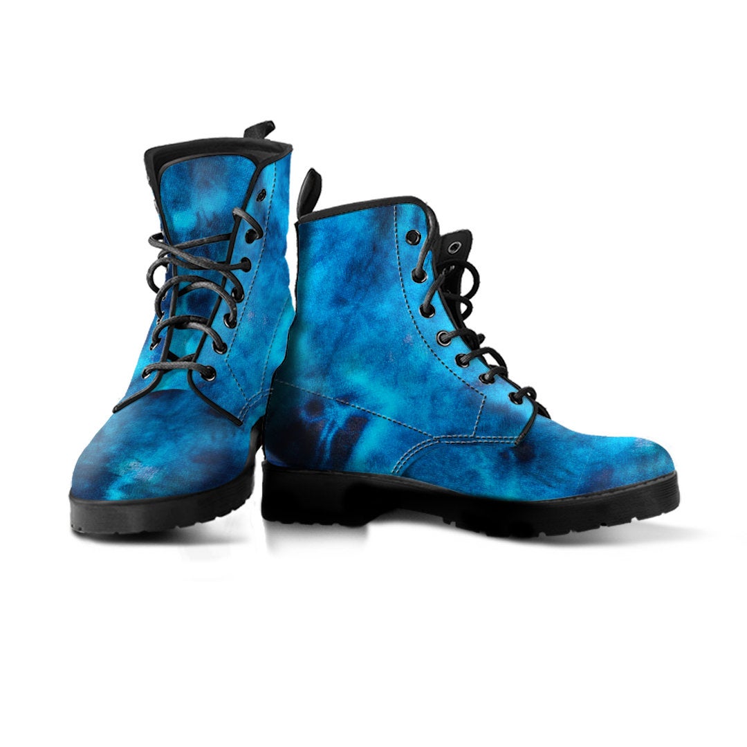 Blue Tie Dye Grunge Womens Boots, Fashion Combat Boots, Vegan Leather Boots, Custom Shoes, Custom Boots, Cool Shoes