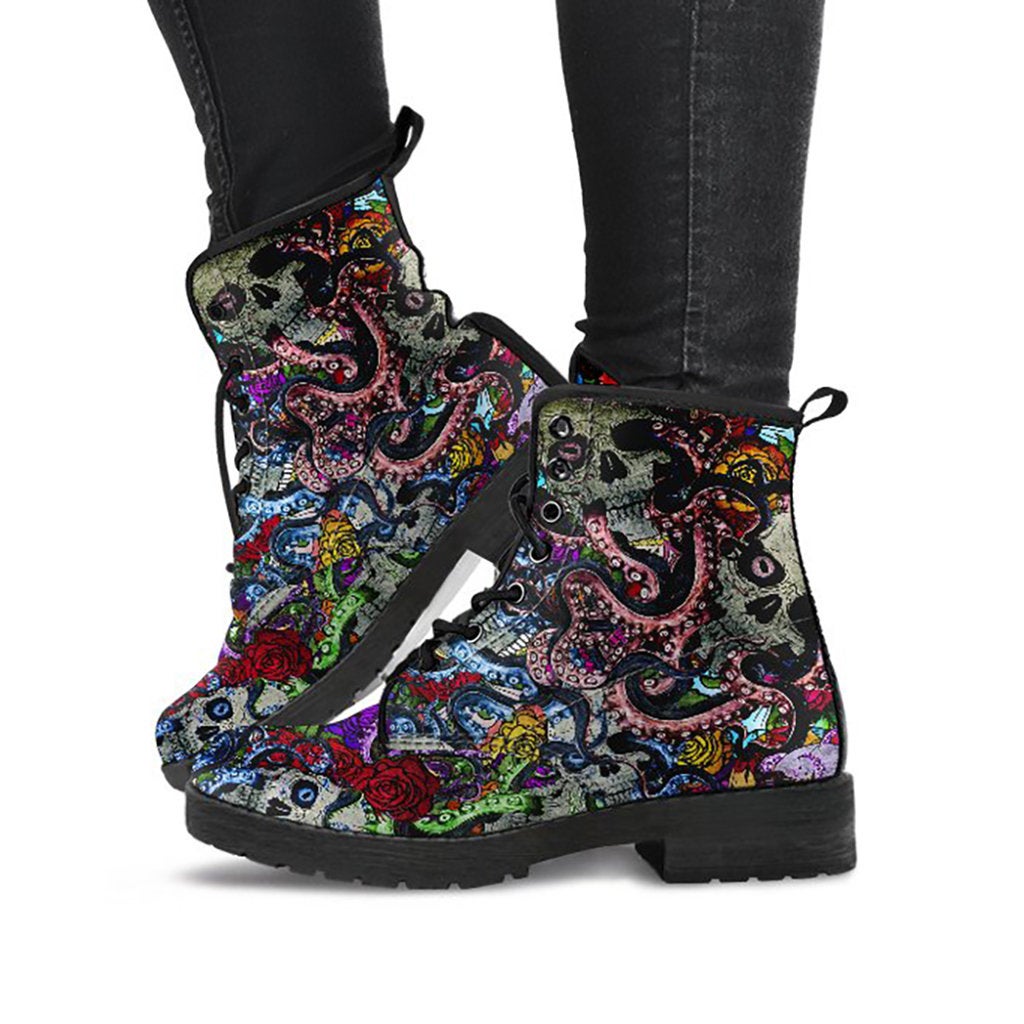 Colorful Skulls & Octopus Womens Boots, Fashion Combat Boots, Vegan Leather Boots, Custom Shoes, Custom Boots, Cool Shoes
