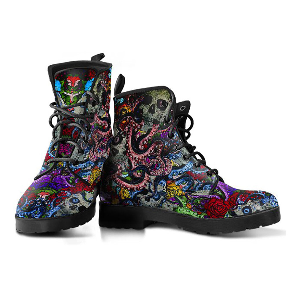 Colorful Skulls & Octopus Womens Boots, Fashion Combat Boots, Vegan Leather Boots, Custom Shoes, Custom Boots, Cool Shoes