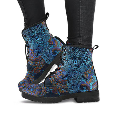 Dark printed boots with blue elephant mandala artwork