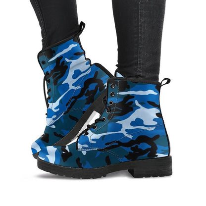Blue Abstract Camouflage Womens Boots, Fashion Combat Boots, Vegan Leather Boots, Custom Shoes, Custom Boots, Cool Shoes