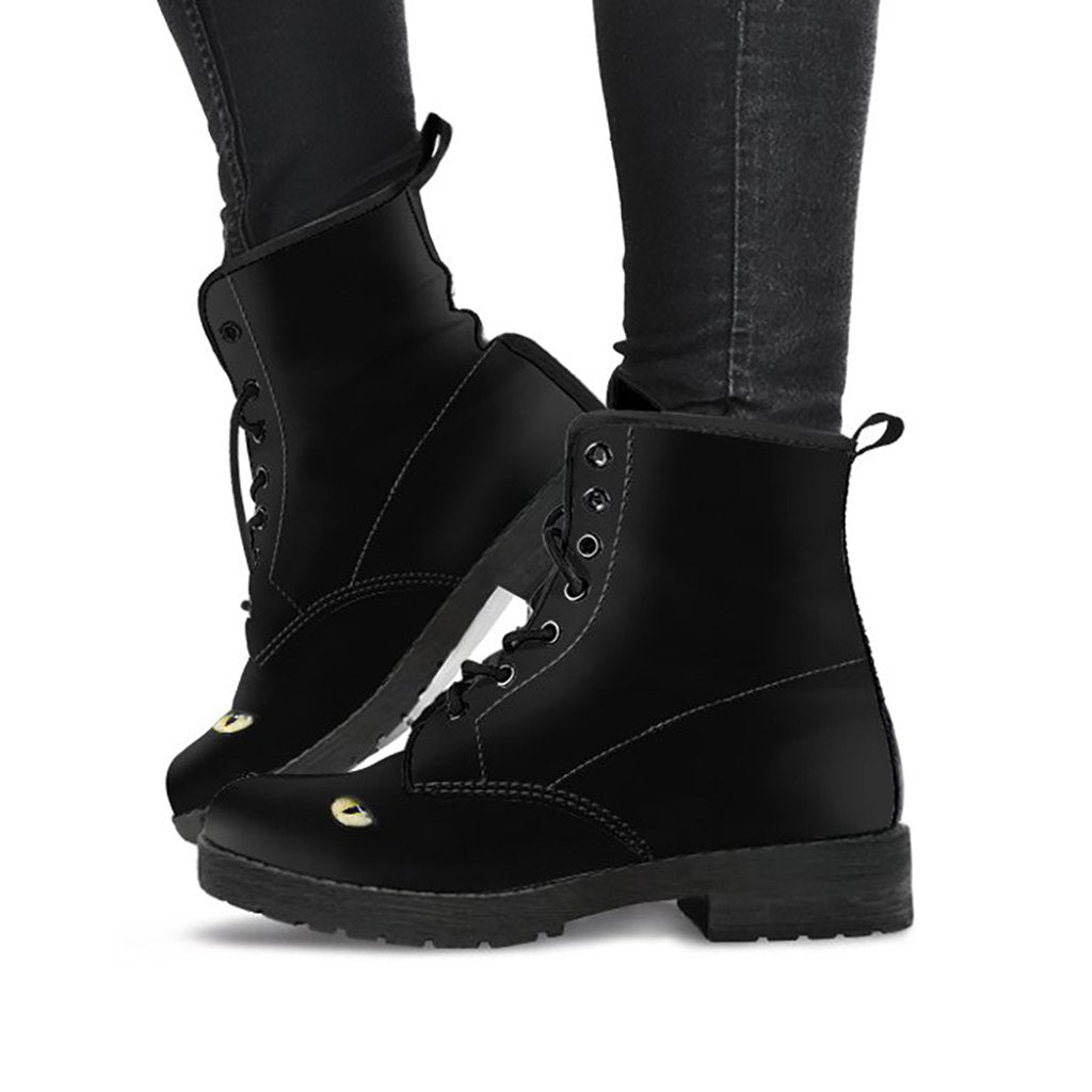 Black Cat Eyes Womens Boots Fashion Combat Boots, Vegan Leather Boots, Custom Shoes, Custom Boots, Cool Shoes