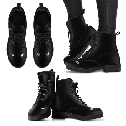 Black Cat Eyes Womens Boots Fashion Combat Boots, Vegan Leather Boots, Custom Shoes, Custom Boots, Cool Shoes