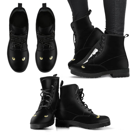 Black Cat Eyes Womens Boots Fashion Combat Boots, Vegan Leather Boots, Custom Shoes, Custom Boots, Cool Shoes