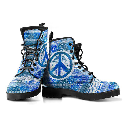 Blue Peace Sign Hippie Womens Boots, Fashion Combat Boots, Vegan Leather Boots, Custom Shoes, Custom Boots, Cool Shoes