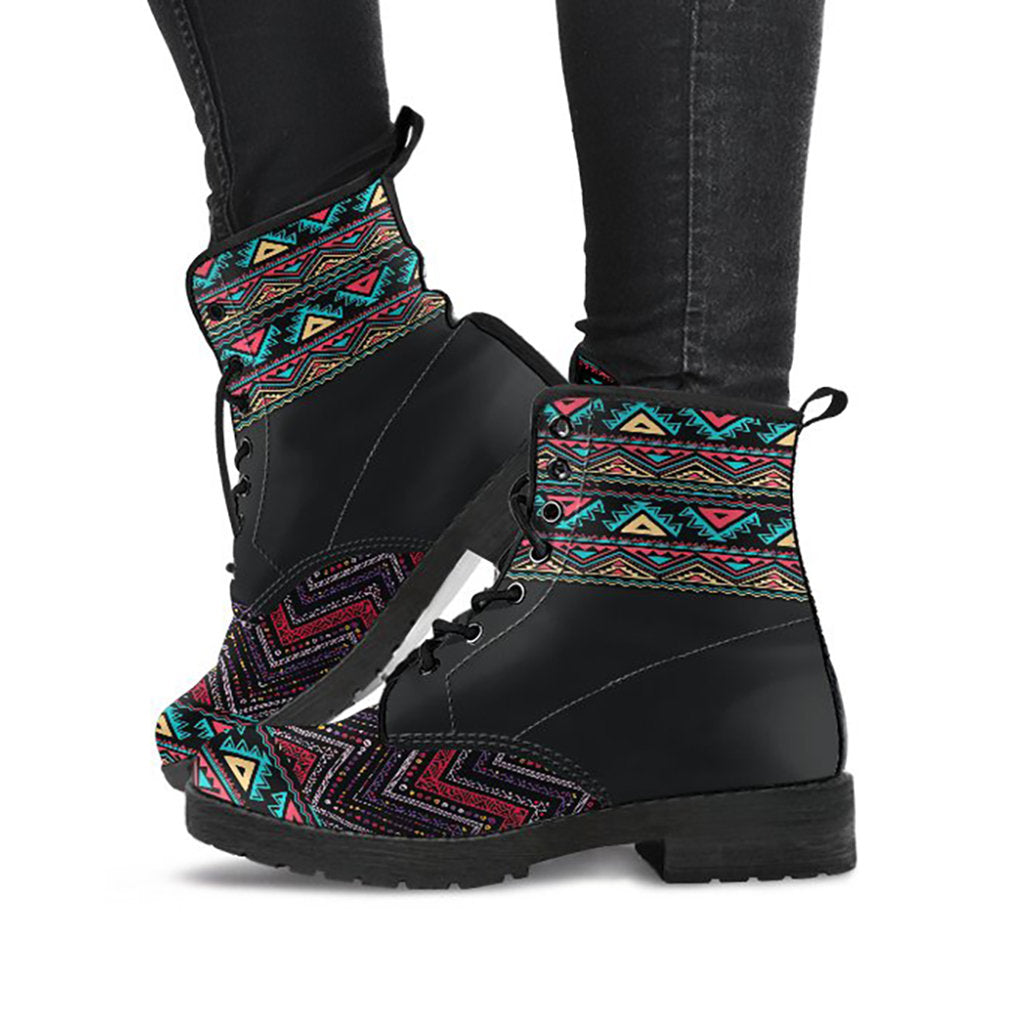 Dark Boho Aztec Womens Boots, Printed Custom Shoes, Women's Boots, Vegan Leather Combat Boots, Classic Boot, Lace Up Boot , Casual Boots Women