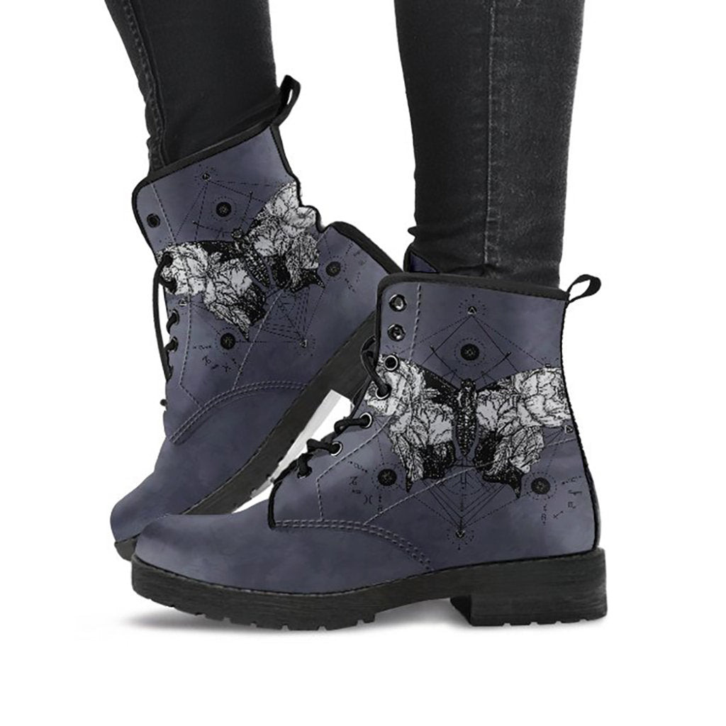 Dark grey butterfly printed boots, angled product view