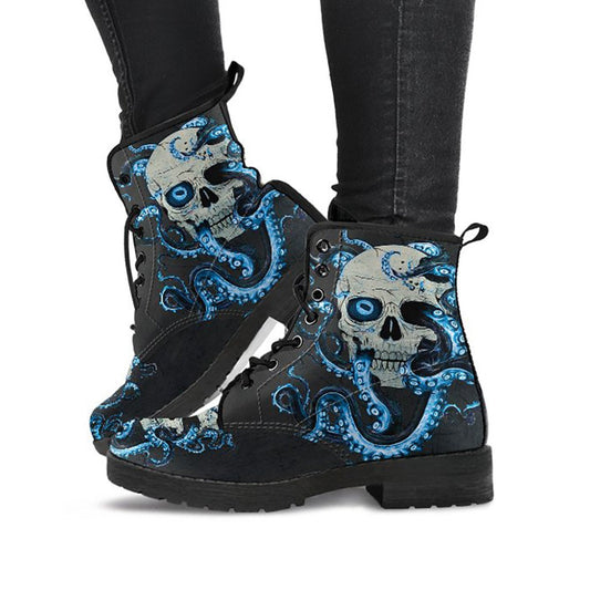 Blue Skull & Octopus Womens Boots, Fashion Combat Boots, Vegan Leather Boots, Custom Shoes, Custom Boots, Cool Shoes