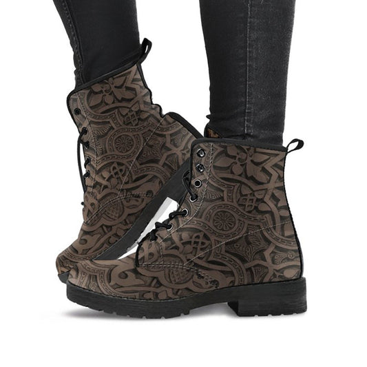Brown Decor Womens Boots, Fashion Combat Boots, Vegan Leather Boots, Custom Shoes, Custom Boots, Cool Shoes