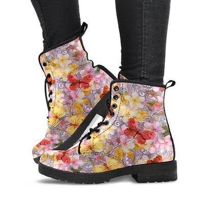 Colorful Watercolor Butterfly Womens Boots, Fashion Combat Boots, Vegan Leather Boots, Custom Shoes, Custom Boots, Cool Shoes