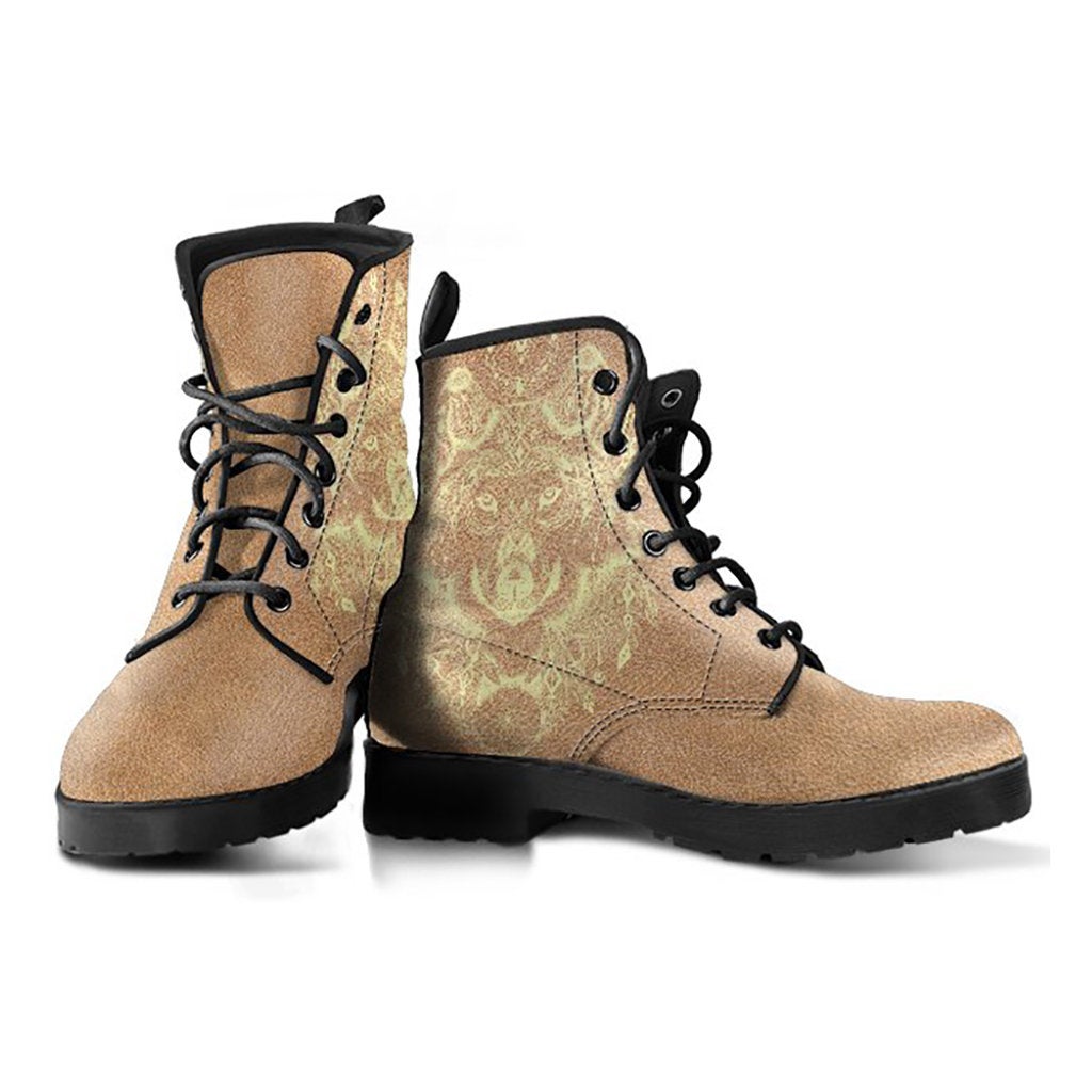 Brown Boho Wolf Womens Boots, Fashion Combat Boots, Vegan Leather Boots, Custom Shoes, Custom Boots, Cool Shoes