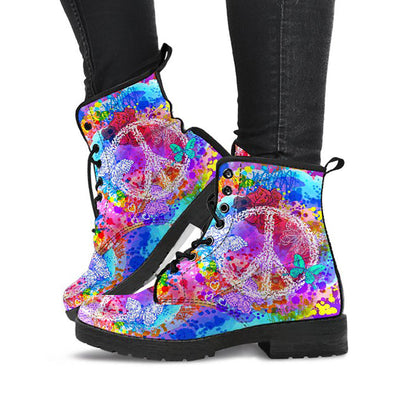 Colorful Peace Sign Hippie Womens Boots, Fashion Combat Boots, Vegan Leather Boots, Custom Shoes, Custom Boots, Cool Shoes